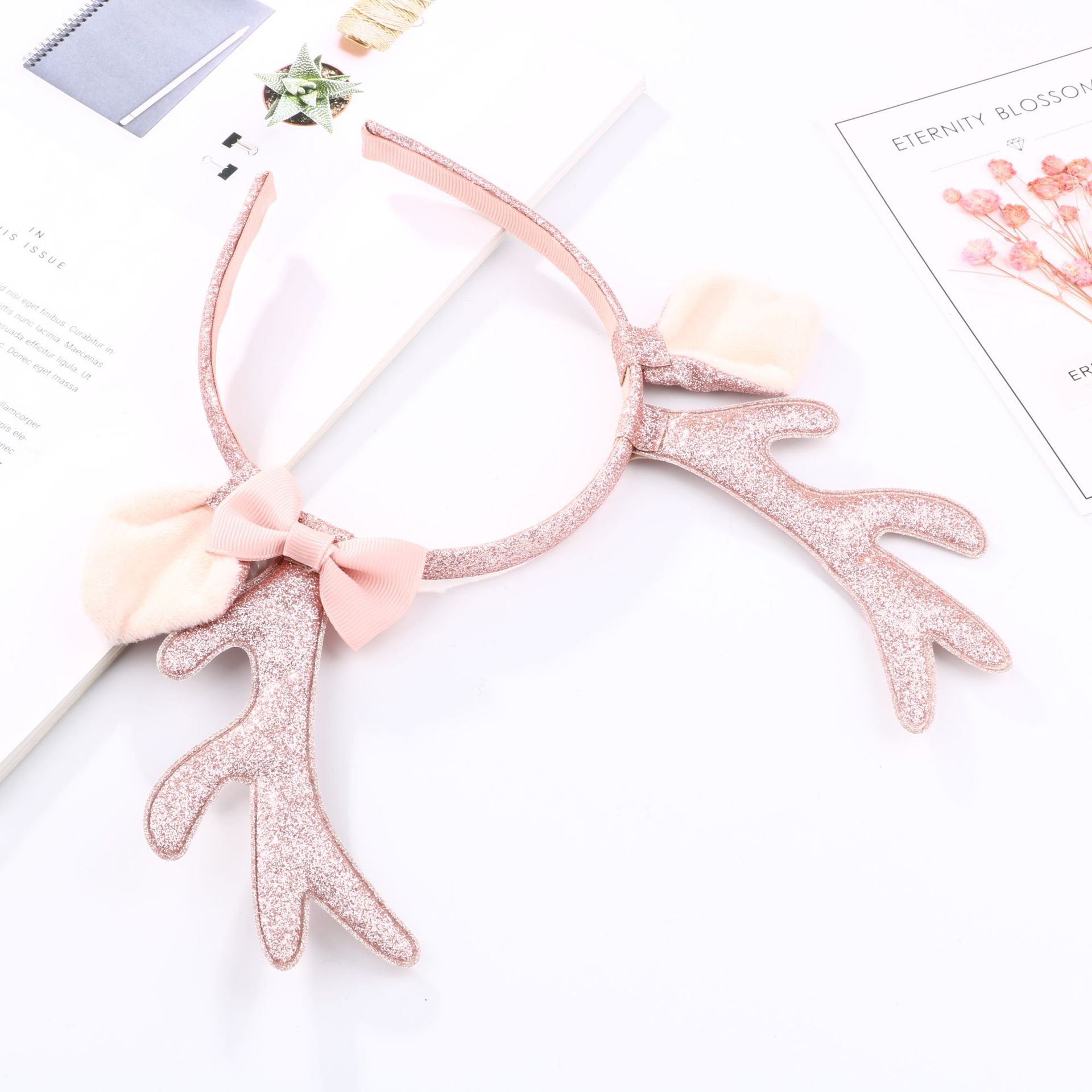 귀여운 핑크 글리터 루돌프 뿔 머리띠, 플러시 귀와 리 - Cosplay Prop Bow 리뷰 및 가격